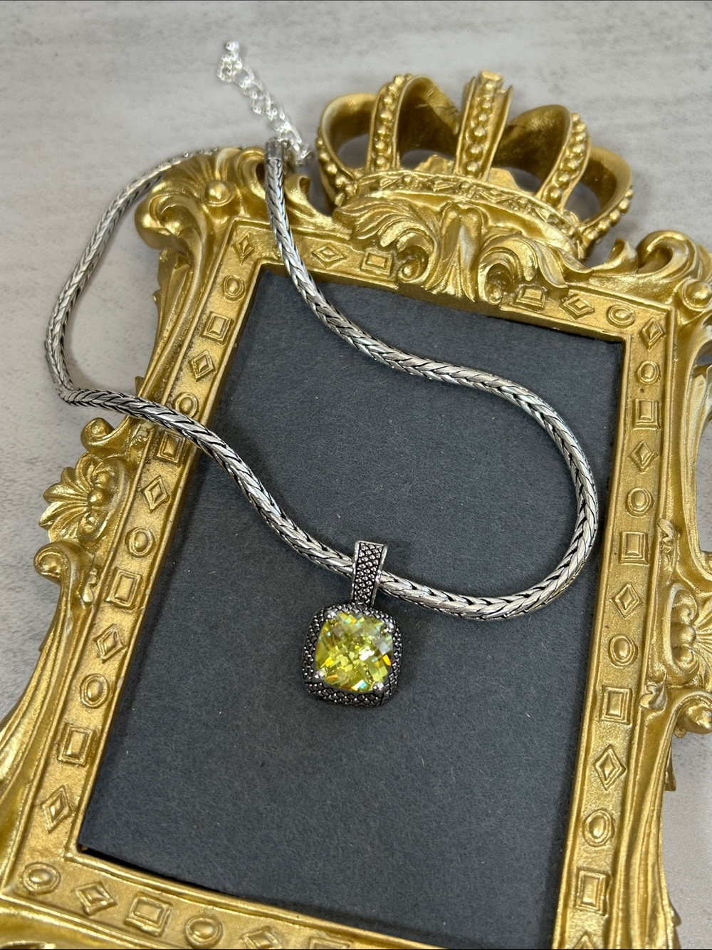 Premier Designs Silver Chain Necklace with Lime-Green Cushion Crystal Pendant
